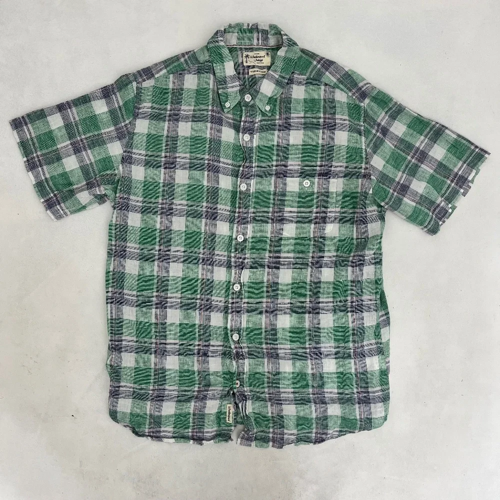 Weatherproof Vintage Mens Size L‎ Shirt Green Plaid Washable Linen Short Sleeve